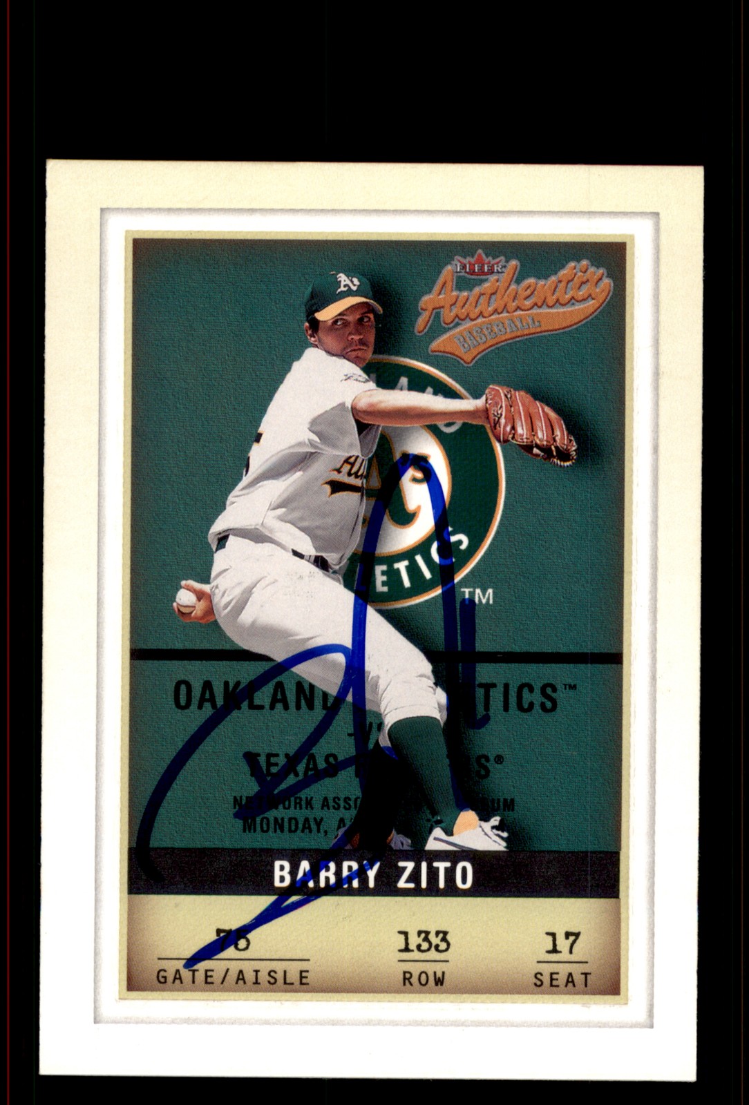 Signed Baseball Card Auto Barry Zito 2002 Fleer Authentix #133 Oakland Athletics