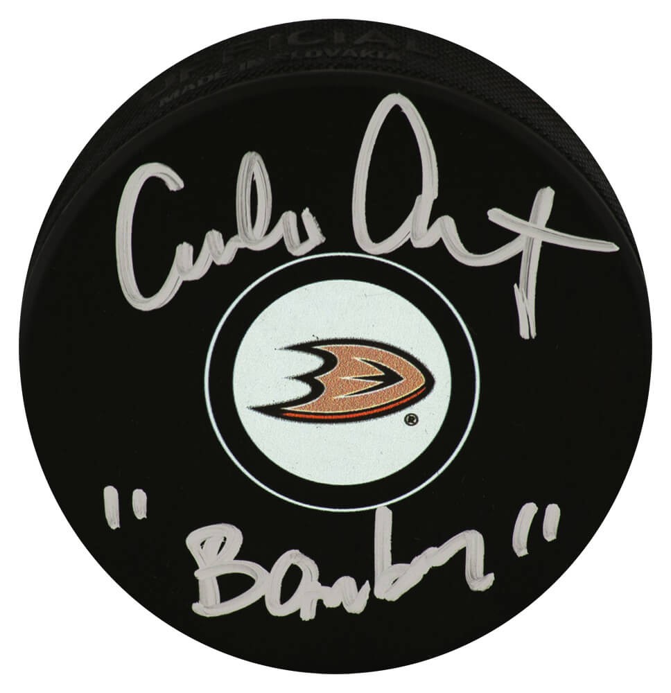 EMILIO ESTEVEZ SIGNED ANAHEIM MIGHTY DUCKS LOGO HOCKEY PUCK W/BOMBAY – (SS COA) COLLECTIBLE MEMORABILIA