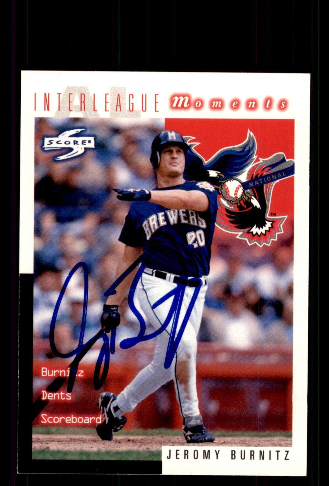 Signed Baseball Card Auto Jeromy Burnitz 1998 Score #264 Milwaukee Brewers