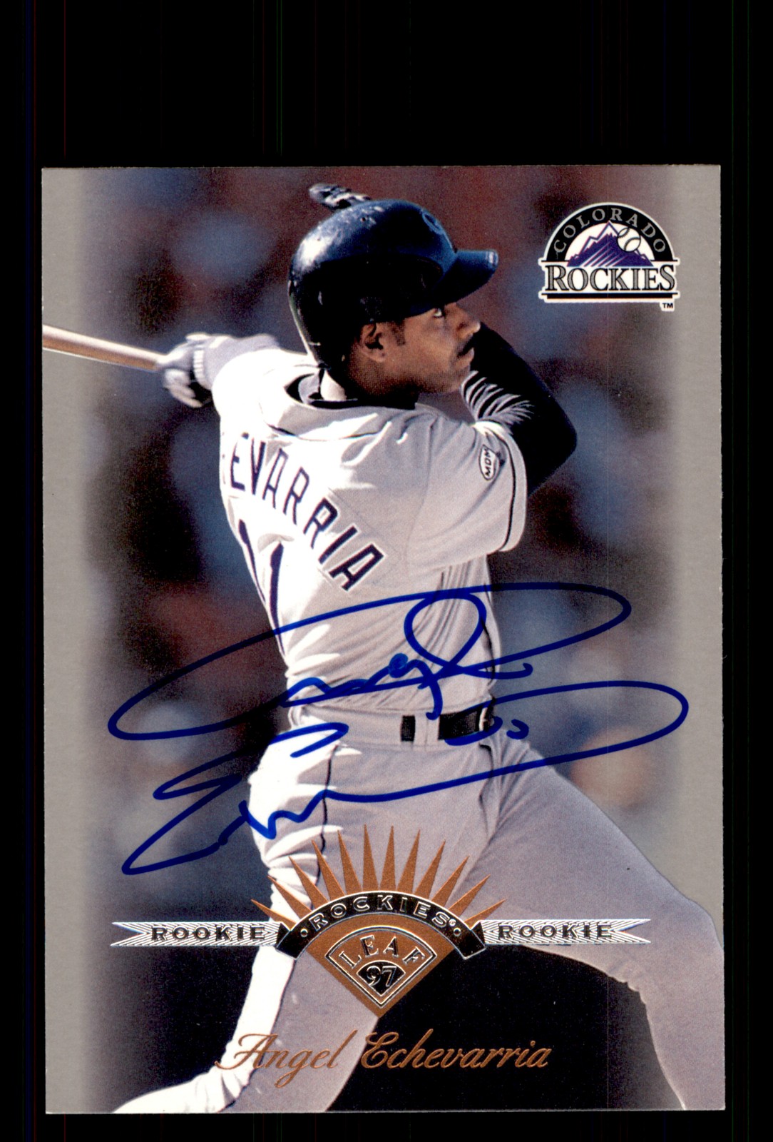 Signed Baseball Card Auto Angel Echevarria 1997 Leaf #169 Colorado Rockies