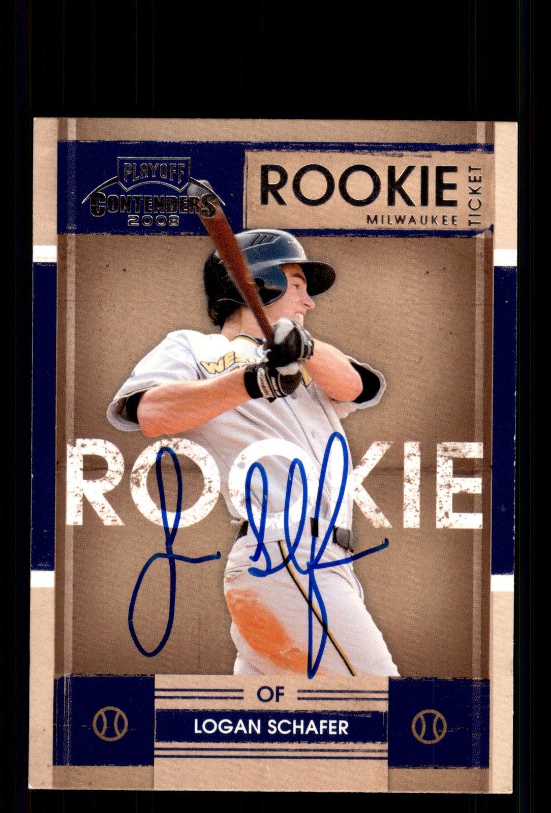 Signed Baseball Card Auto Logan Schafer 2008 Playoff Contenders #35 Brewers