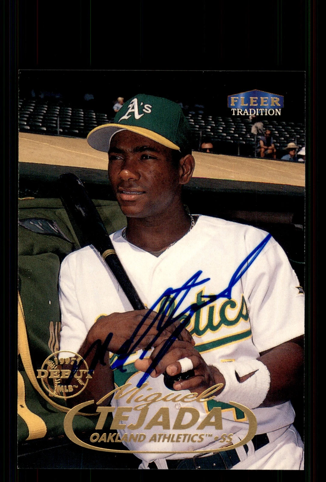 Signed Baseball Card Auto Miguel Tejada 1998 Fleer Tradition #236 A's