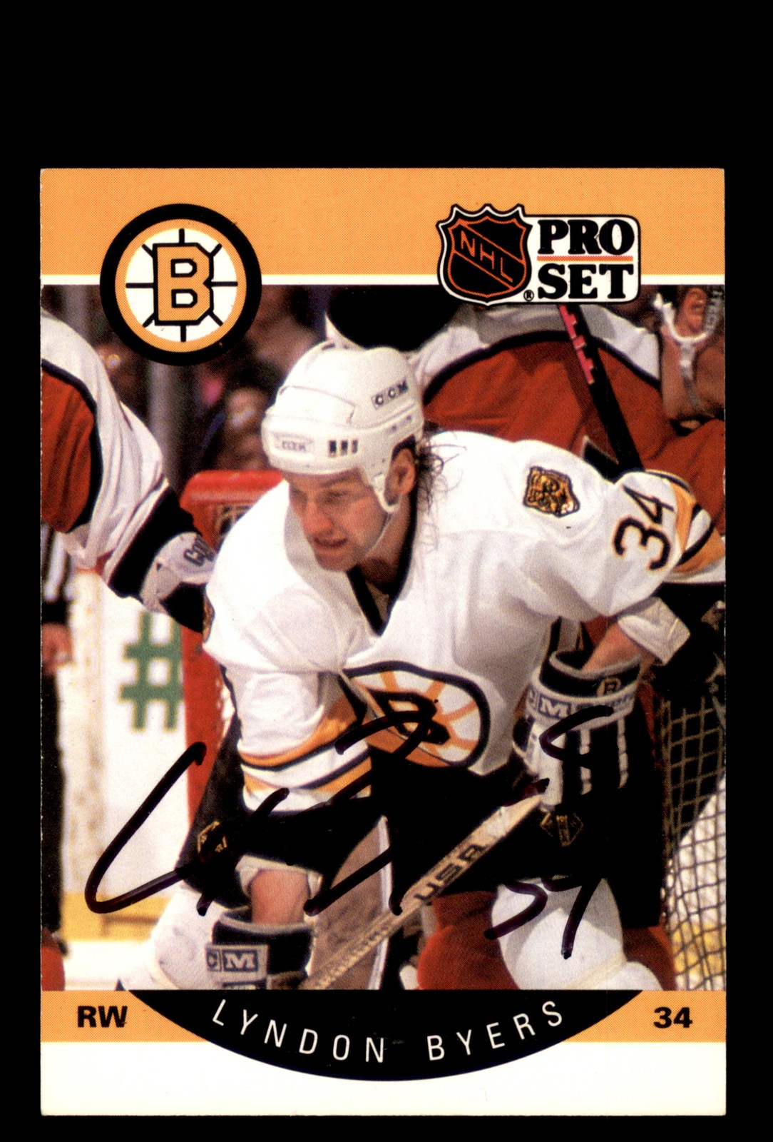 Signed Hockey Card Auto Lyndon Byers 1990-91 Pro Set #3 Boston Bruins