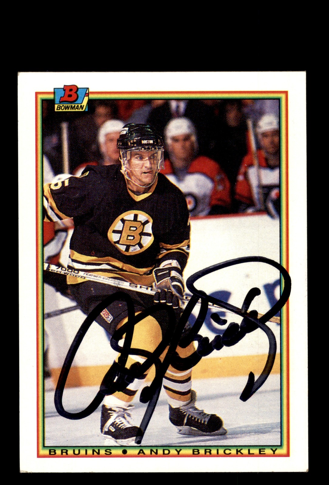 Signed Hockey Card Auto Andy Brickley 1990-91 Bowman #27 Boston Bruins