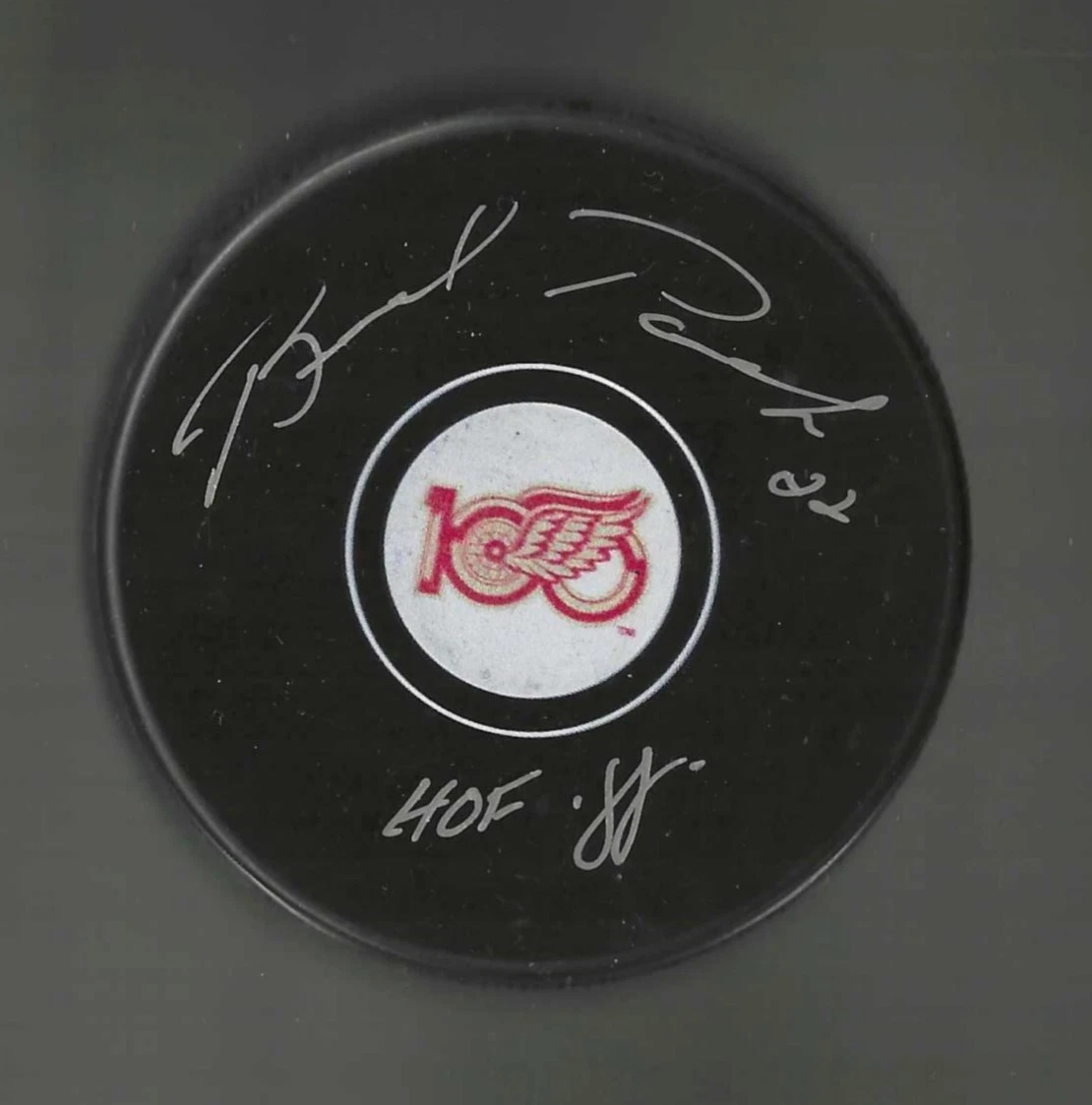 Brad Park Signed & Inscribed Detroit Red Wings Centennial 100th Puck JSA COA