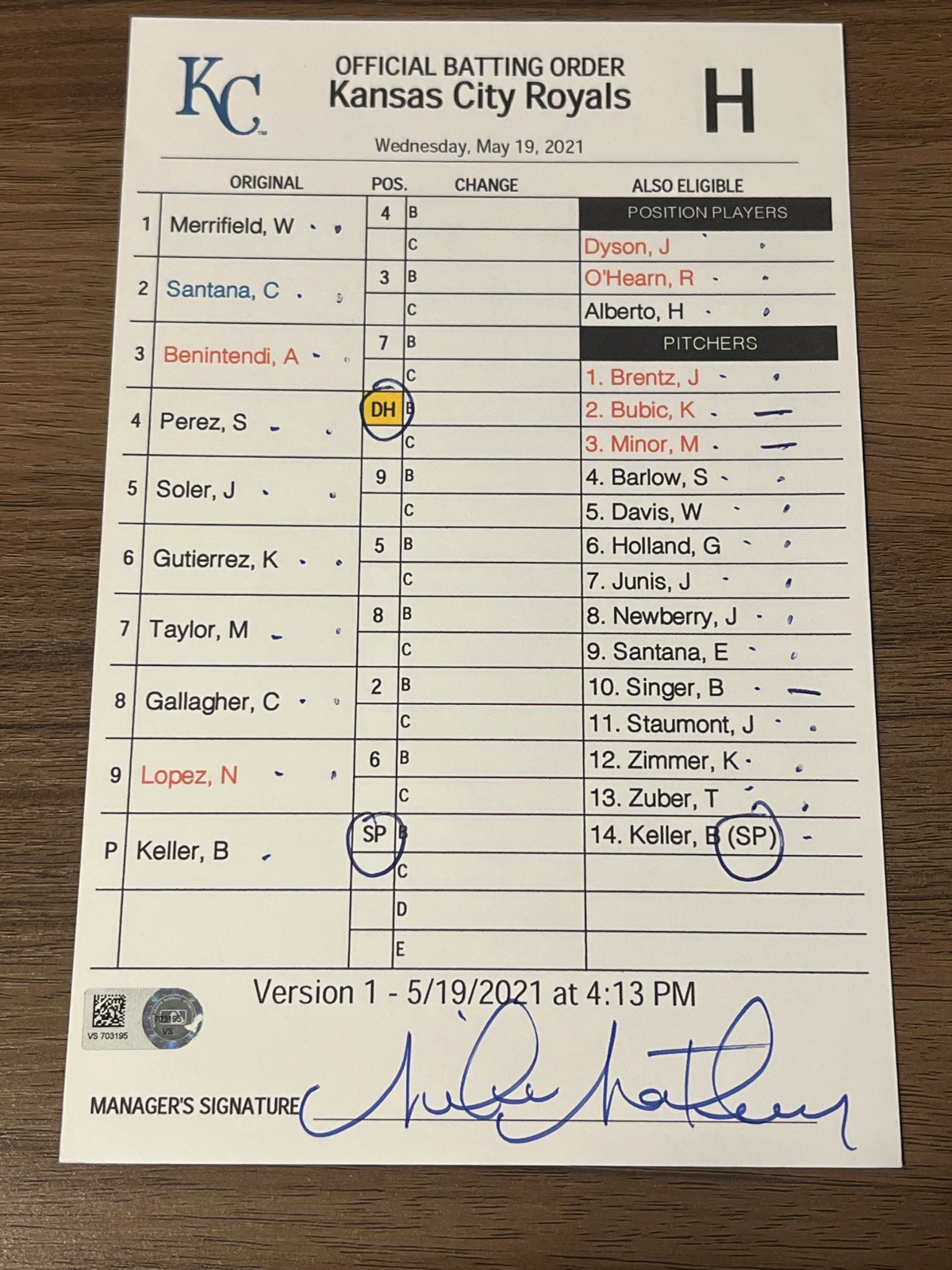 2021 GAME USED KANSAS CITY ROYALS BASEBALL UMPIRE LINE UP CARD 5/19