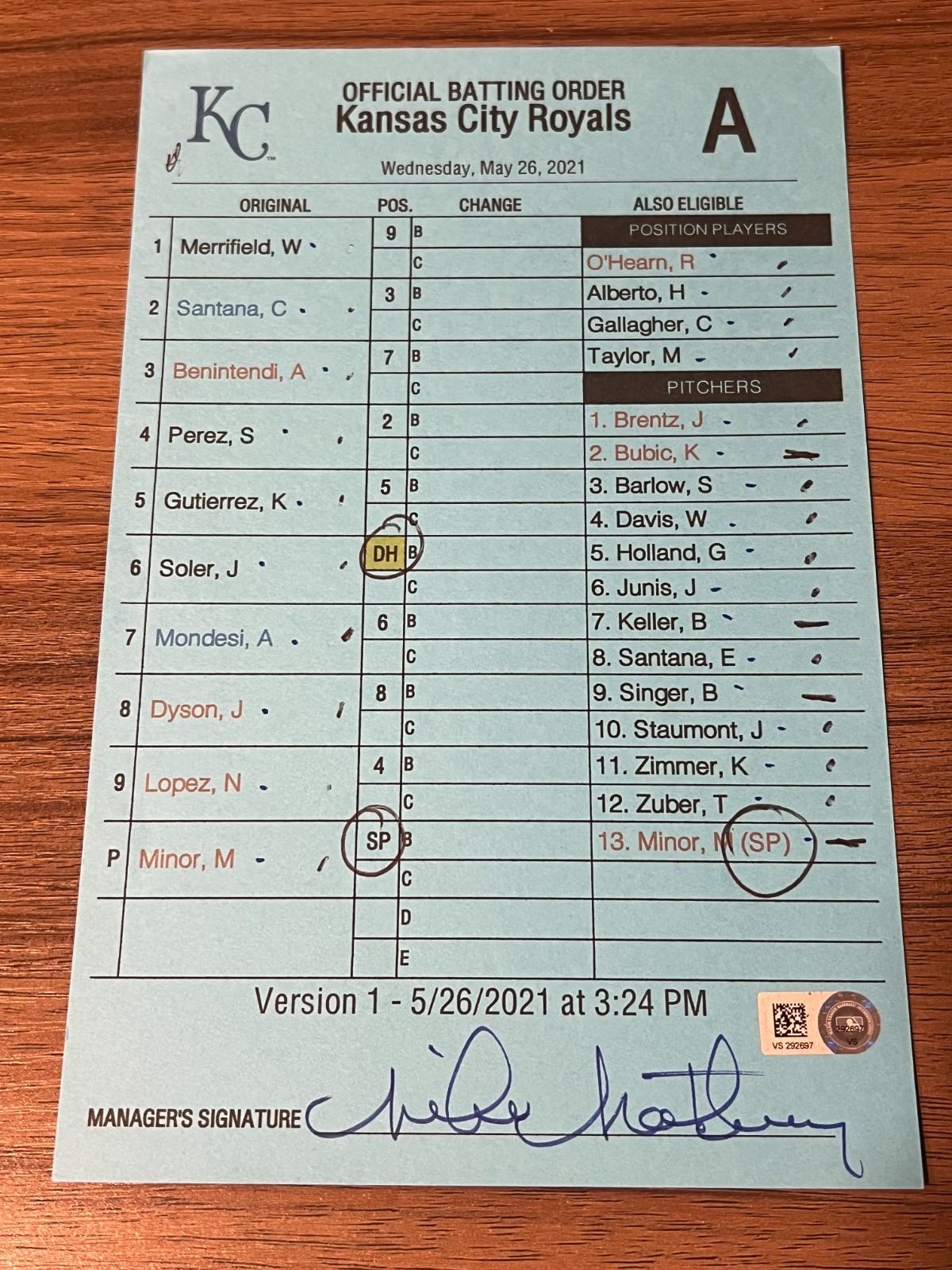 2021 GAME USED KANSAS CITY ROYALS BASEBALL UMPIRE LINE UP CARD 5/26