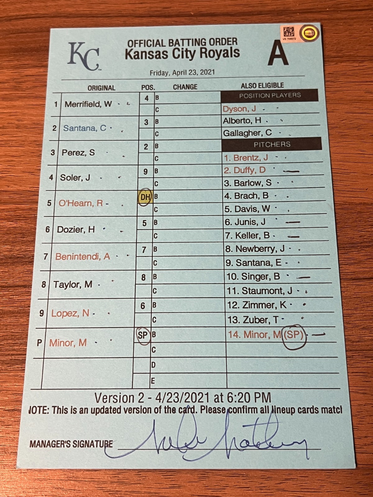 2021 GAME USED KANSAS CITY ROYALS BASEBALL UMPIRE LINE UP CARD 4/23