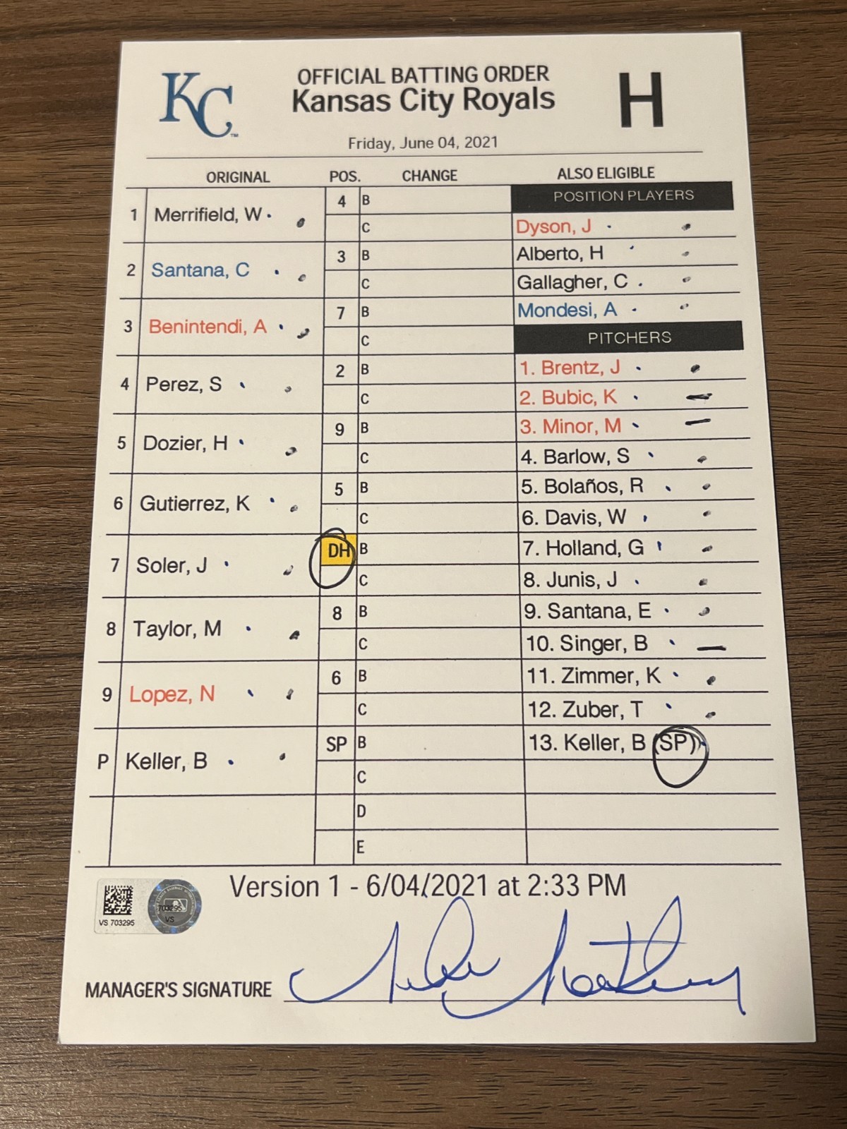 2021 GAME USED KANSAS CITY ROYALS BASEBALL UMPIRE LINE UP CARD 6/4 V1