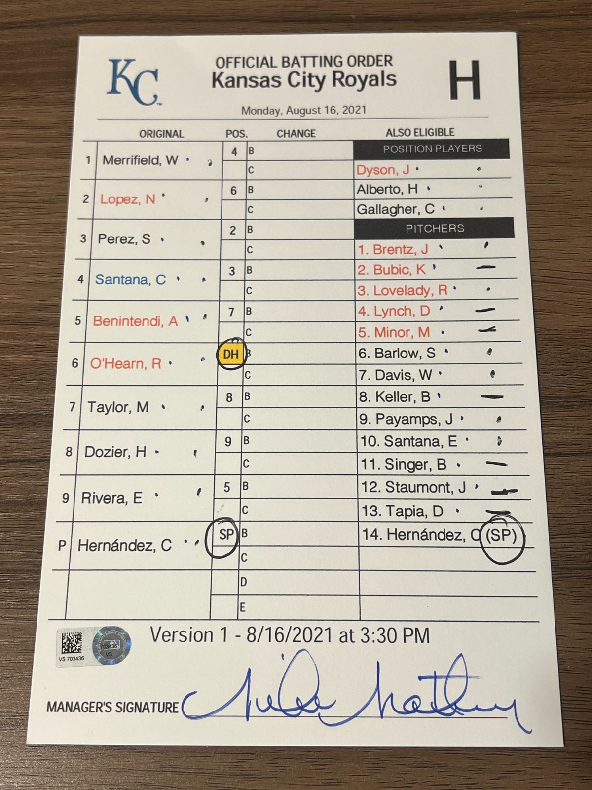 2021 GAME USED KANSAS CITY ROYALS BASEBALL UMPIRE LINE UP CARD 8/16