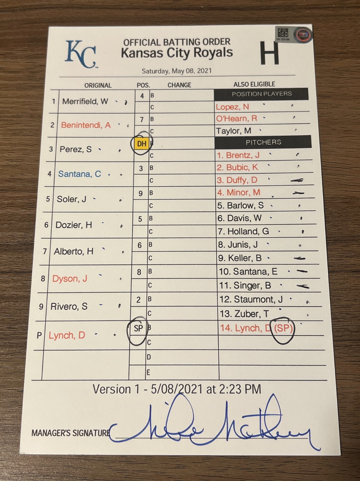 2021 GAME USED KANSAS CITY ROYALS BASEBALL UMPIRE LINE UP CARD 5/8