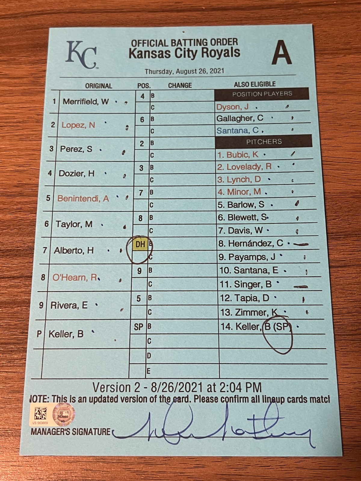 2021 GAME USED KANSAS CITY ROYALS BASEBALL UMPIRE LINE UP CARD 8/26 SALVY HR GS