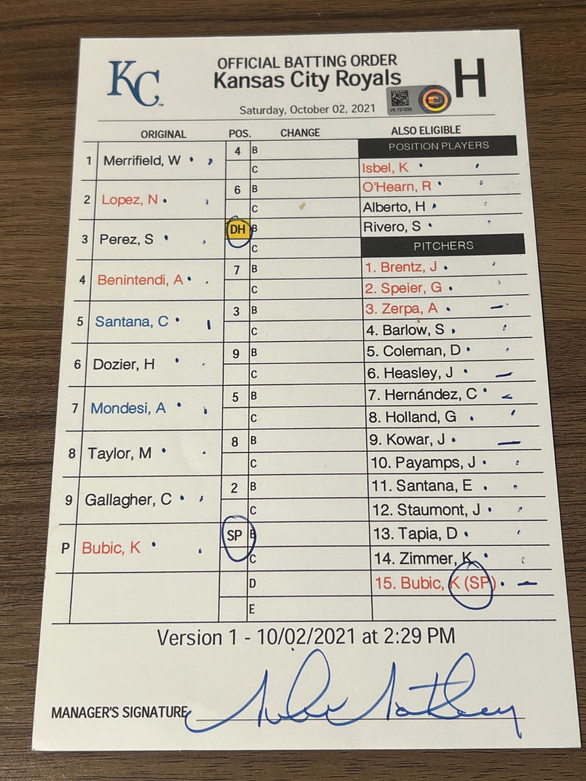 2021 GAME USED KANSAS CITY ROYALS BASEBALL UMPIRE LINE UP CARD 10/2 BUBIC