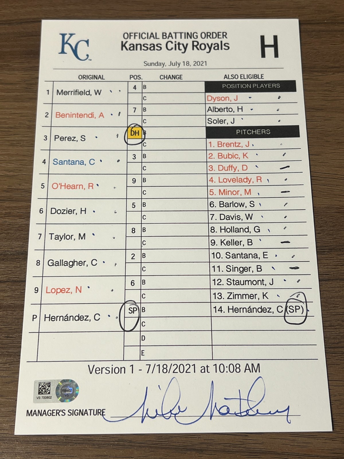 2021 GAME USED KANSAS CITY ROYALS BASEBALL UMPIRE LINE UP CARD 7/18
