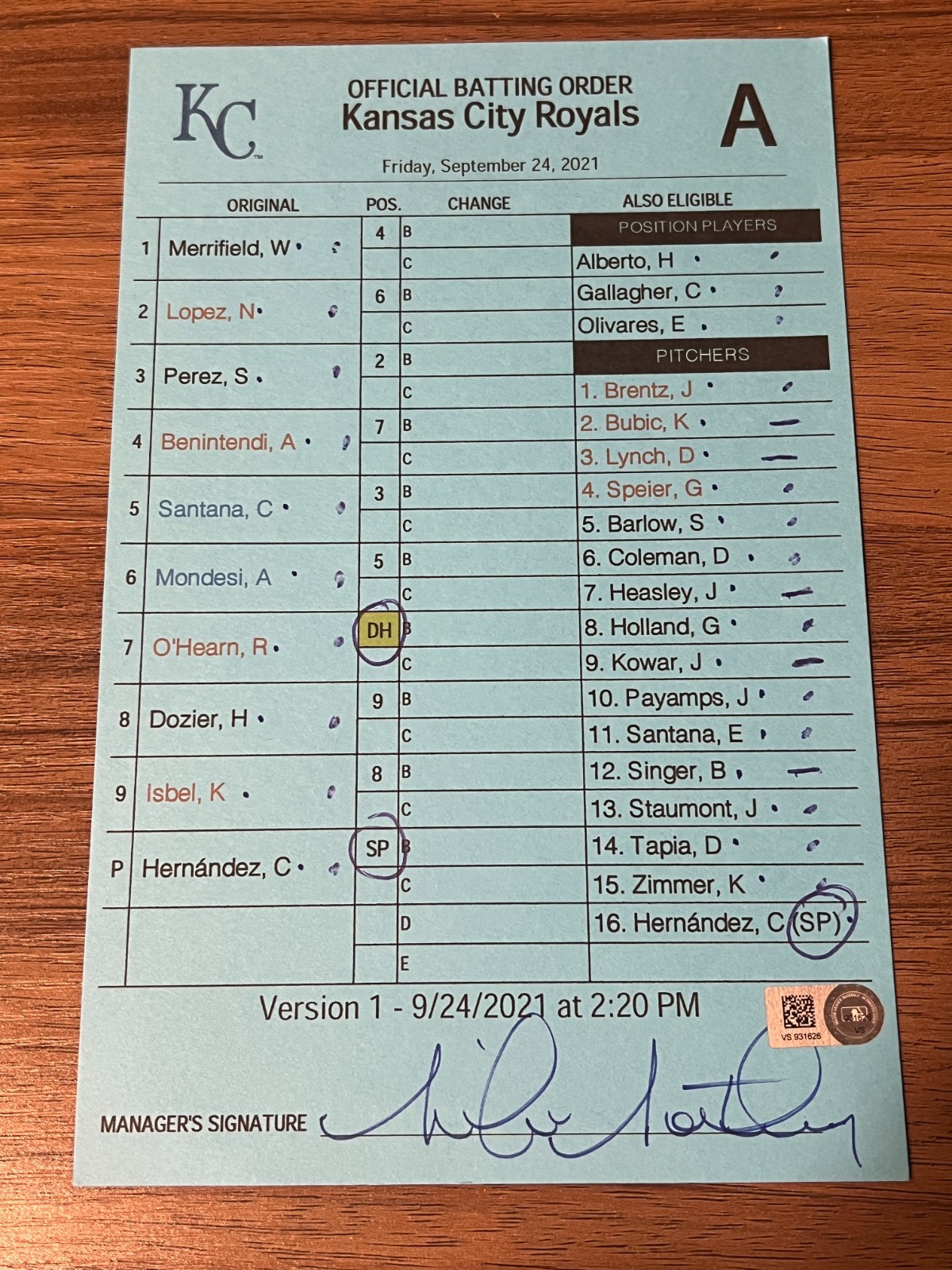 2021 GAME USED KANSAS CITY ROYALS BASEBALL UMPIRE LINE UP CARD 9/24