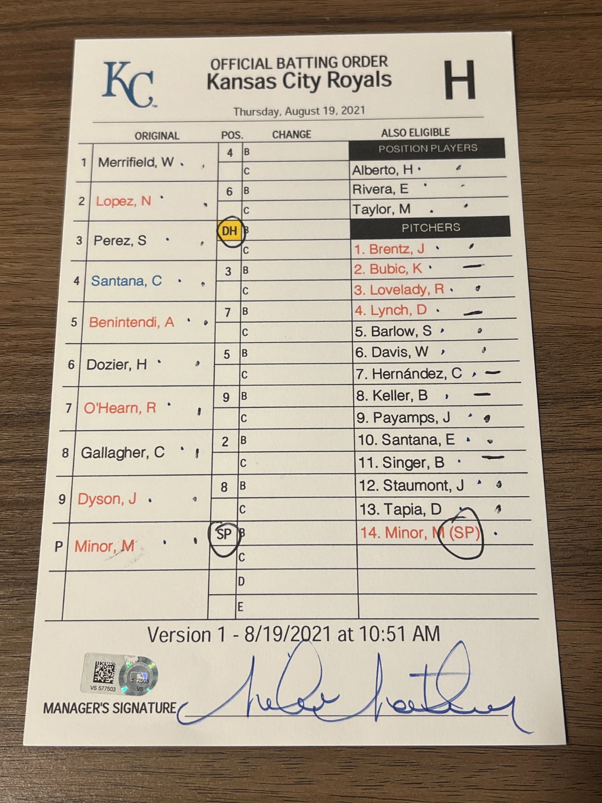 2021 GAME USED KANSAS CITY ROYALS BASEBALL UMPIRE LINE UP CARD 8/19