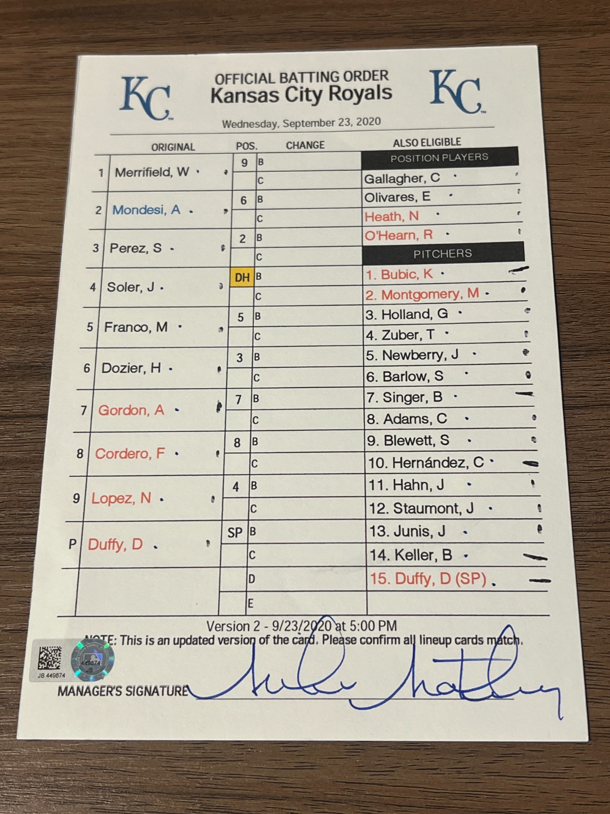 2020 GAME USED KANSAS CITY ROYALS BASEBALL UMPIRE LINE UP CARD 9/23