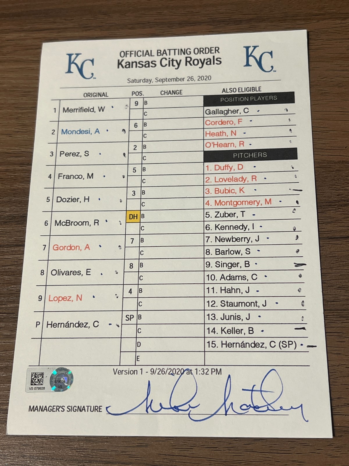 2020 GAME USED KANSAS CITY ROYALS BASEBALL UMPIRE LINE UP CARD 9/26
