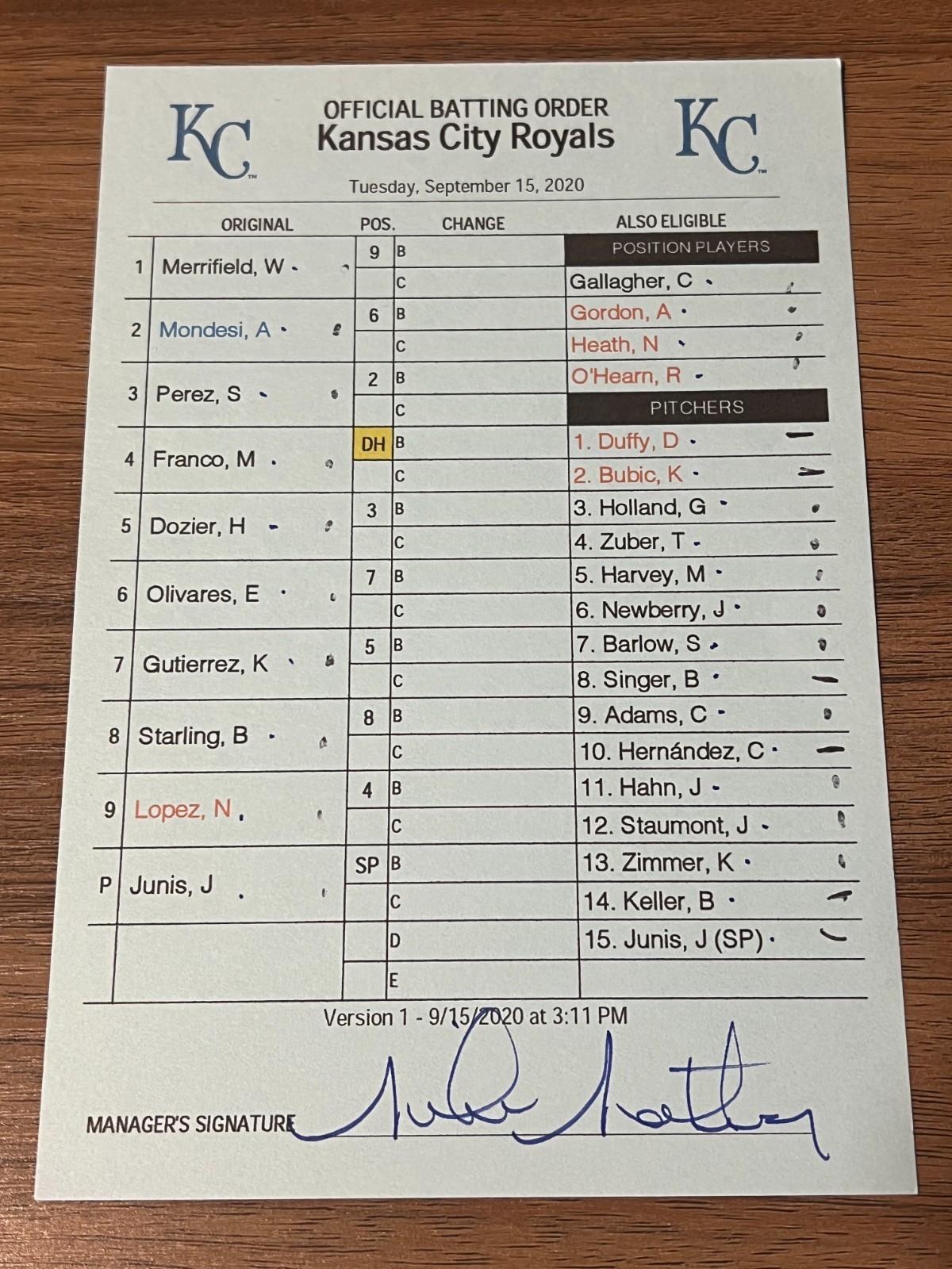 2020 GAME USED KANSAS CITY ROYALS BASEBALL UMPIRE LINE UP CARD 9/15