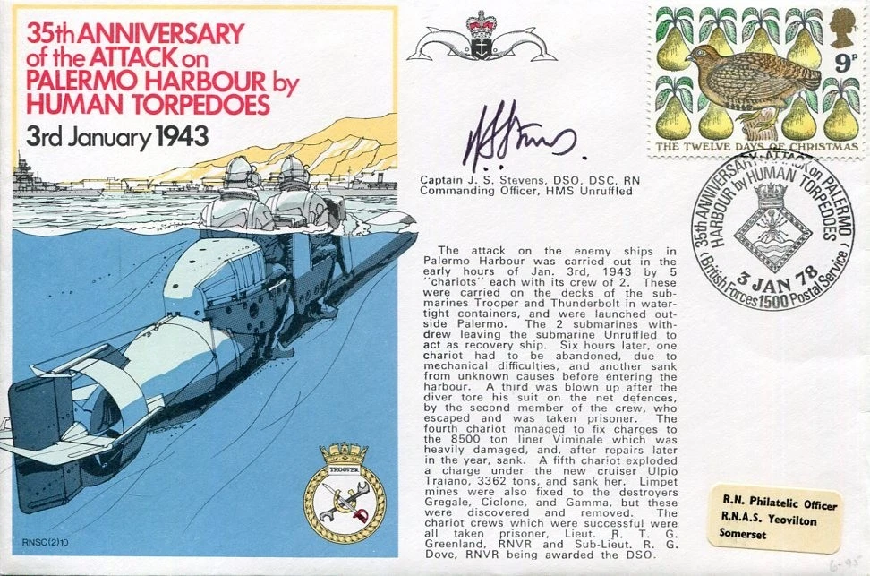 Captain J. S. Stevens HMS Unruffled Palermo Harbour WWII War Signed Autograph