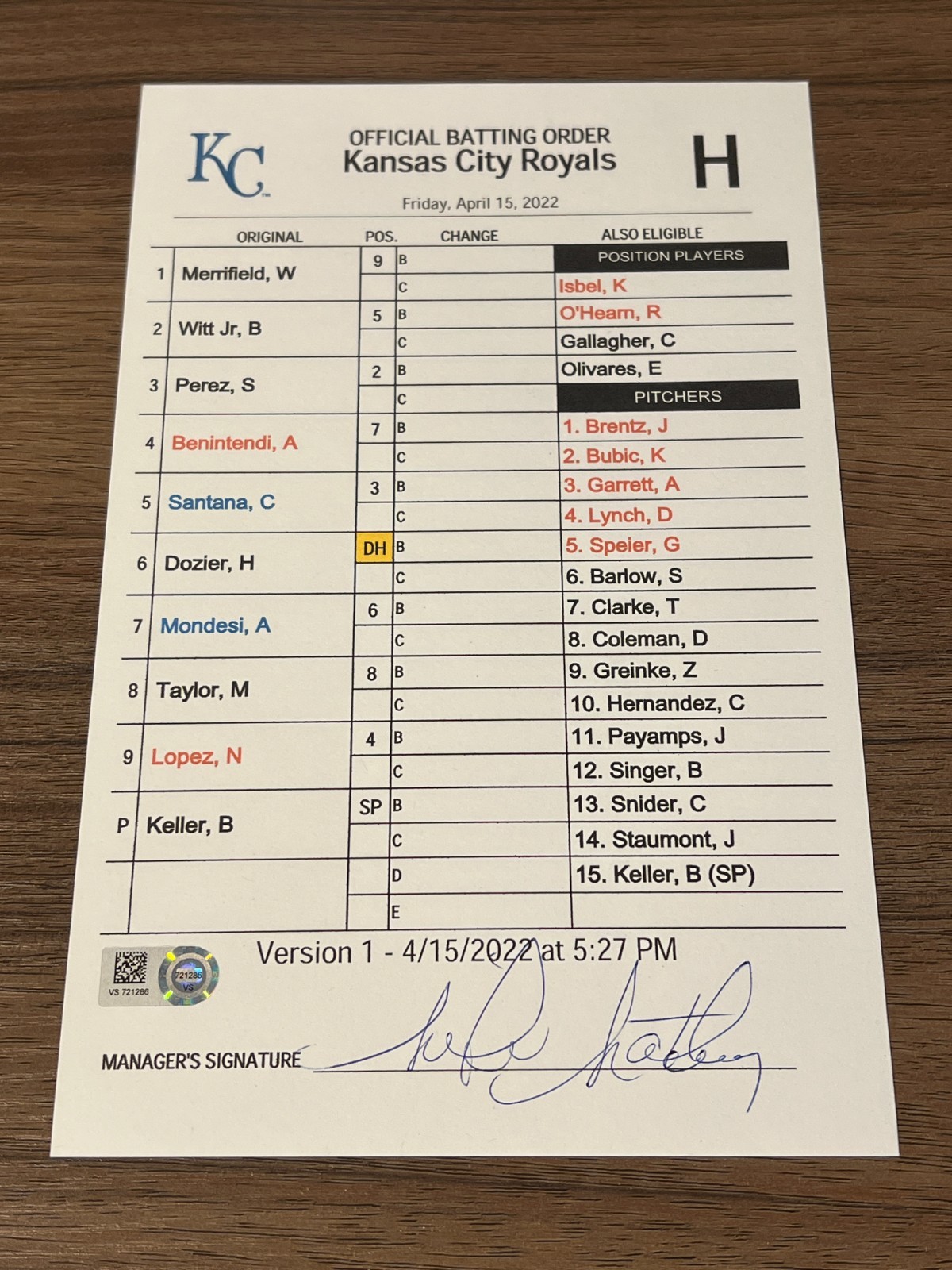 GAME USED KANSAS CITY ROYALS BASEBALL UMPIRE CARD 4/15 2022 BOBBY WITT JR ROOKIE