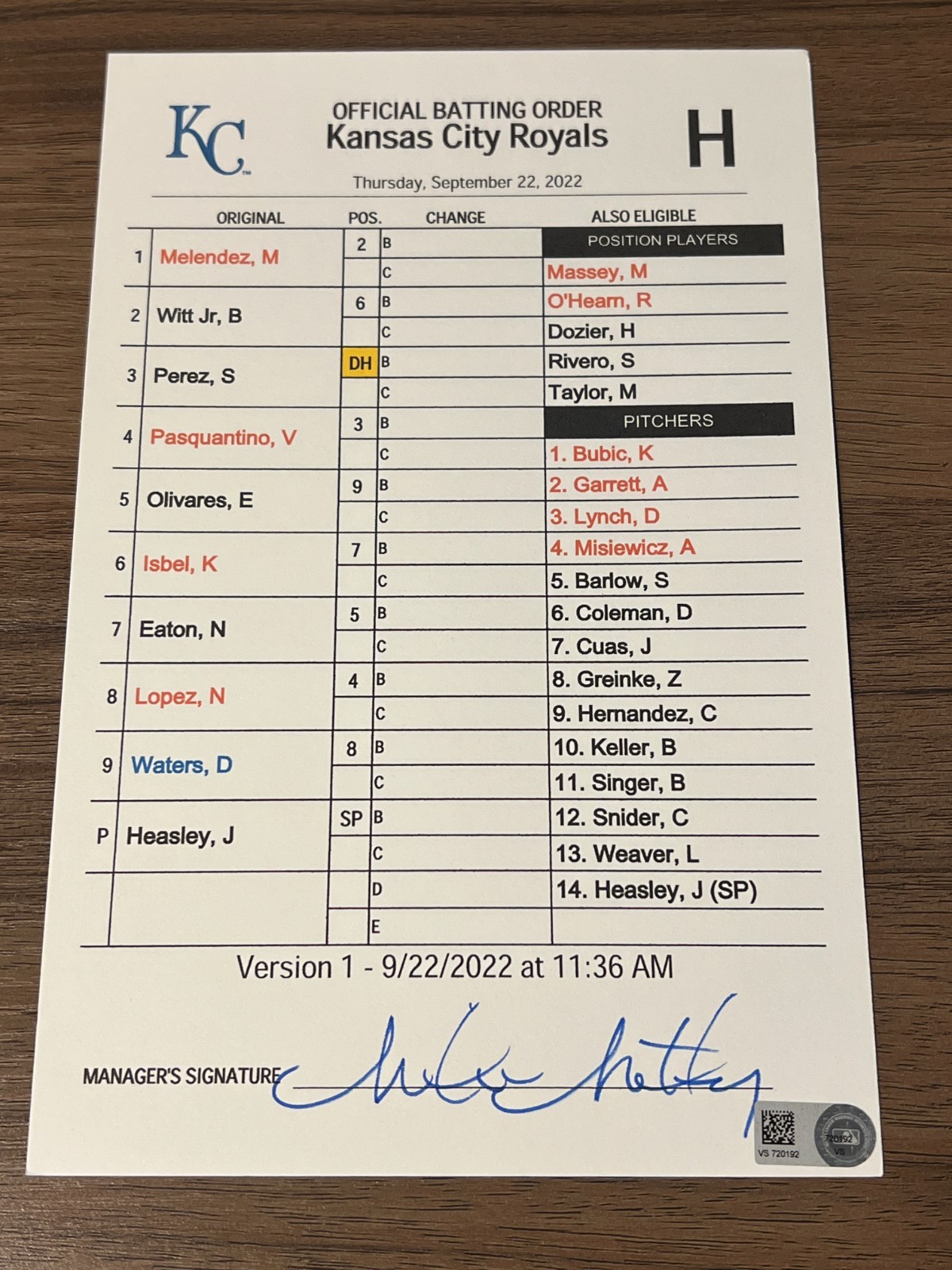 GAME USED ROYALS BASEBALL UMPIRE LINE UP CARD 9/22 2022 BOBBY WITT JR 2 HITS