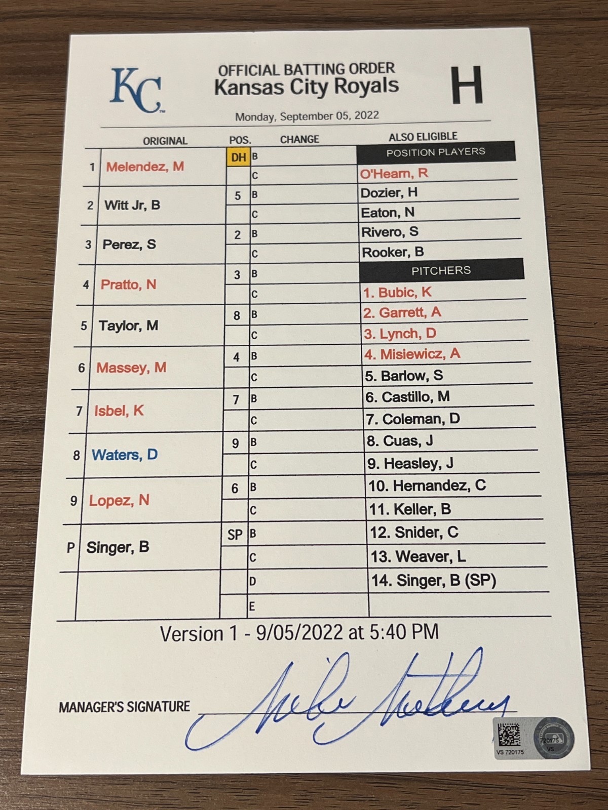 GAME USED ROYALS BASEBALL UMPIRE LINE UP CARD 9/5 2022 BOBBY WITT JR ROOKIE