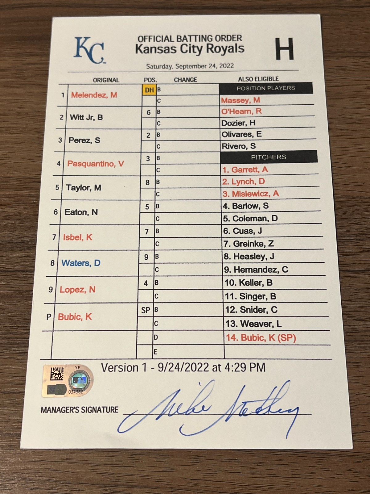 GAME USED ROYALS BASEBALL UMPIRE LINE UP CARD 9/24 2022 BOBBY WITT JR 2 HITS