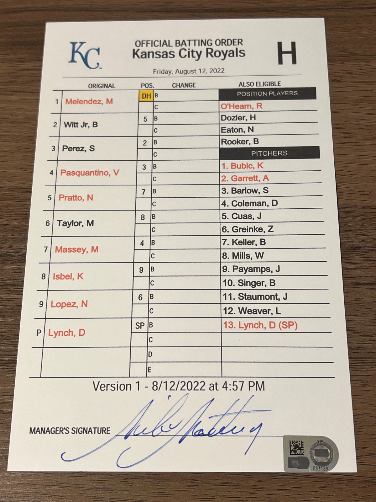 GAME USED ROYALS BASEBALL UMPIRE LINE UP CARD 8/12 2022 BOBBY WITT JR ROOKIE