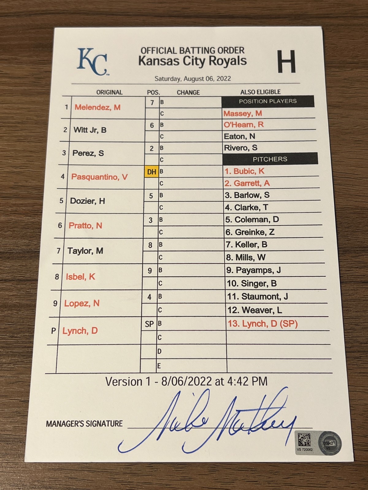 GAME USED ROYALS BASEBALL UMPIRE LINE UP CARD 8/6 2022 BOBBY WITT JR HIT RBI
