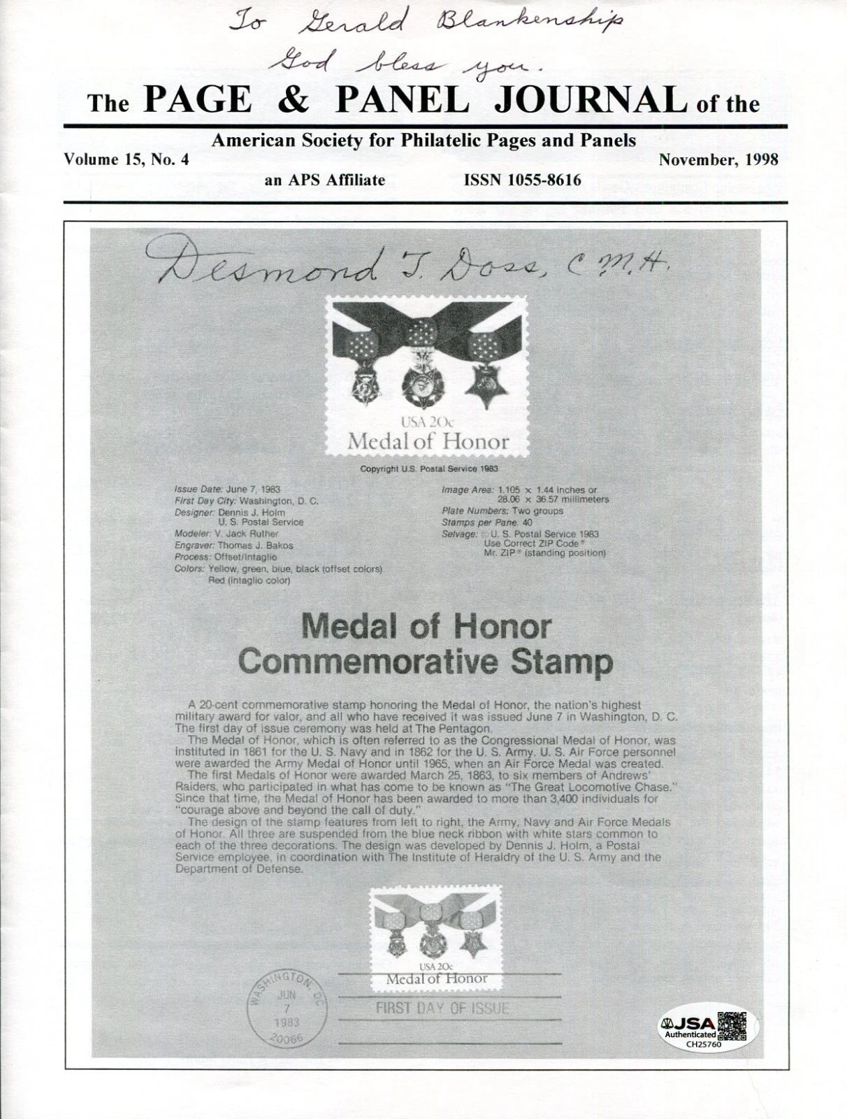Desmond Doss Medal Of Honor MOH WWII Hacksaw Ridge Signed Autograph Citation JSA