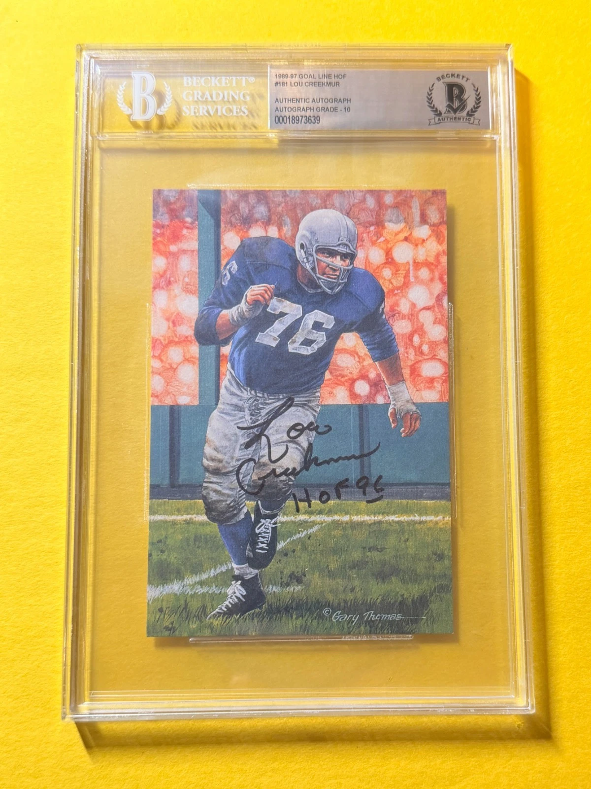 1989 GOAL LINE HOF LOU CREEKMUR #181 SIGNED ART BECKETT AUTHENTIC 10 