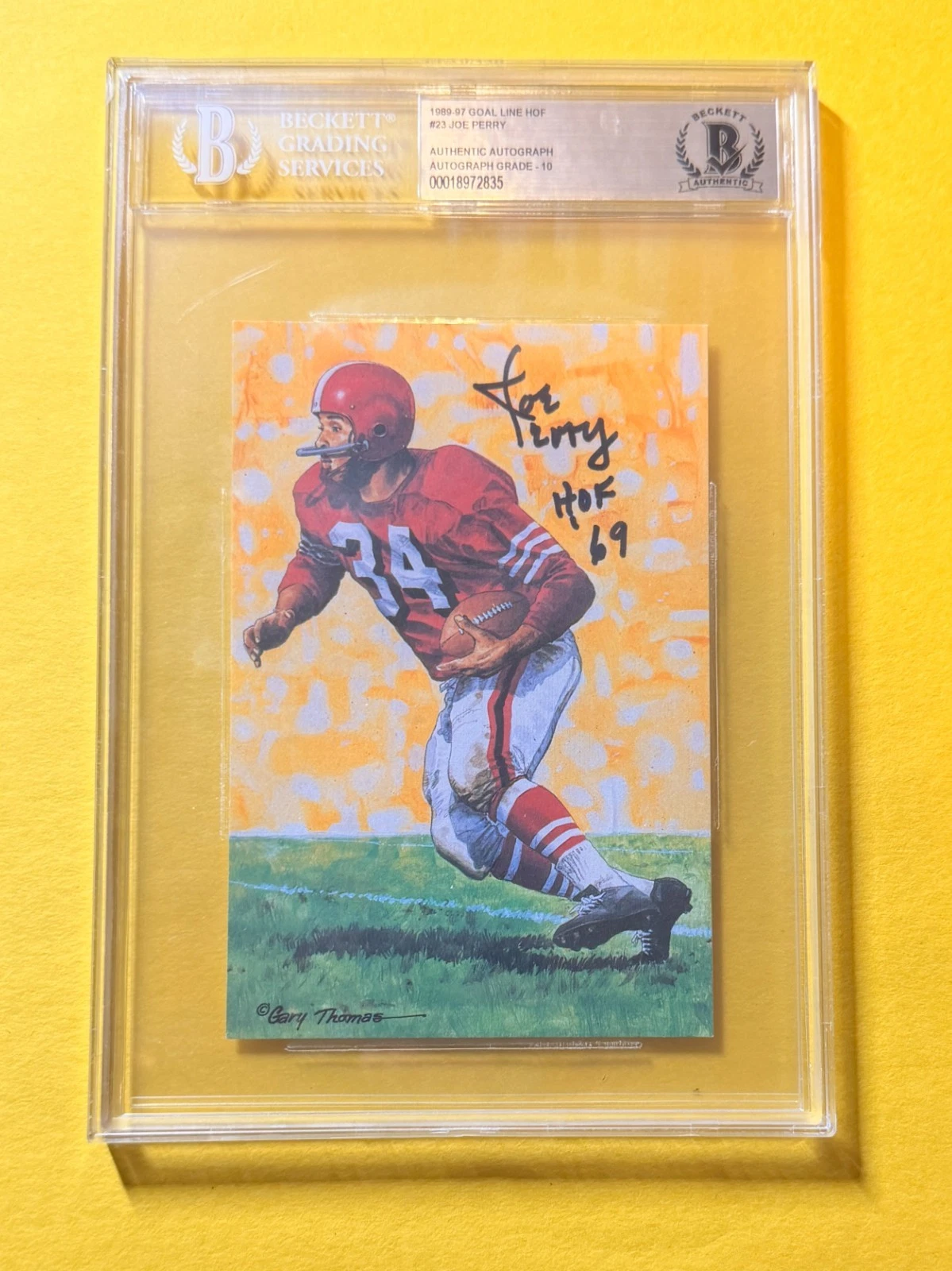 1989 GOAL LINE HOF JOE PERRY #23 SIGNED ART BECKETT AUTHENTIC 10 