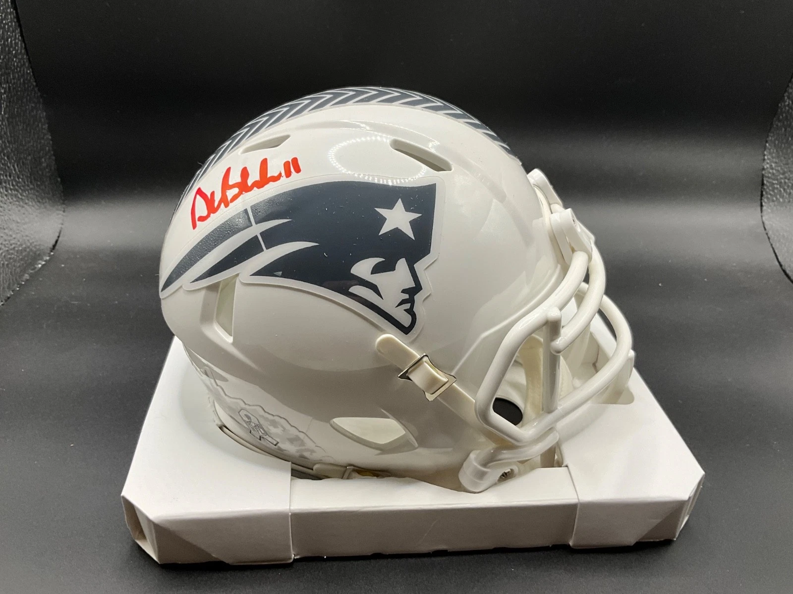 Drew Bledsoe signed Salute To Service Patriots Riddell Mini Helmet JSA Holo