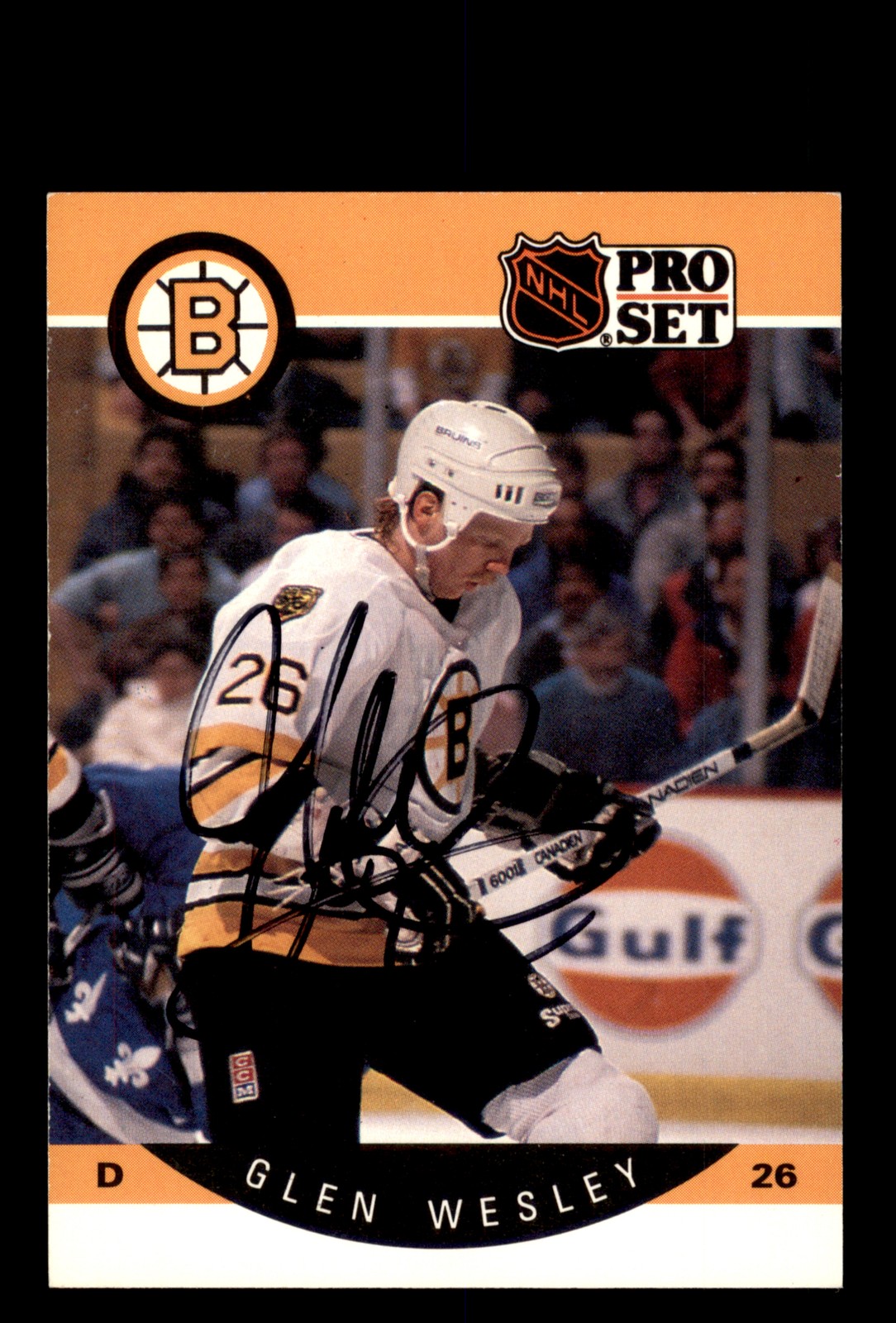 Signed Hockey Card Auto Glen Wesley 1990-91 Pro Set #16 Boston Bruins