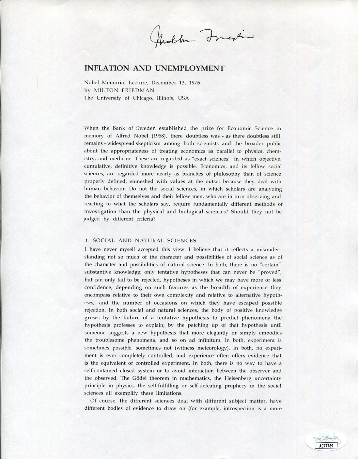 Milton Friedman 1976 Nobel Prize Economics Rare Signed Autograph Lecture JSA