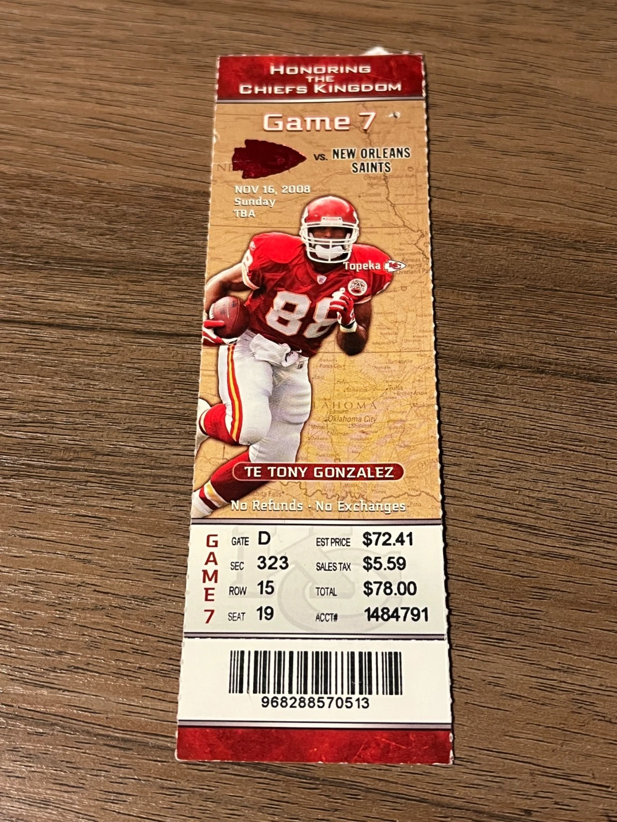 FOOTBALL TICKET STUB ARROWHEAD 2008 KANSAS CITY CHIEFS NEW ORLEANS SAINTS 11/16