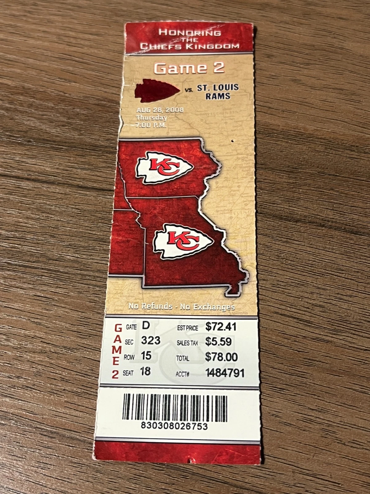 FOOTBALL TICKET STUB ARROWHEAD 2008 KANSAS CITY CHIEFS ST LOUIS RAMS 8/28