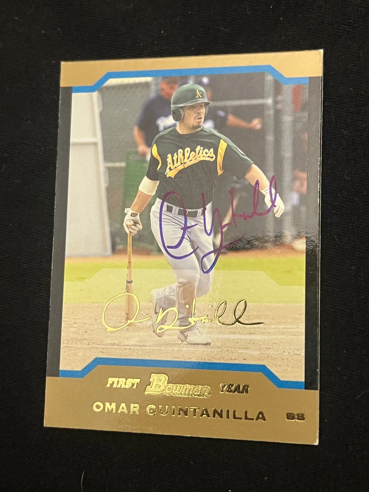 Signed Baseball Card Auto Omar Quintanilla 2004 Bowman #199 Athletics A's Gold