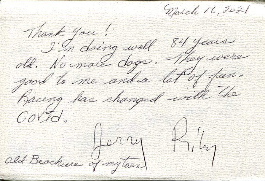 Gerald Jerry Riley Iditarod Race Winner Dog Musher Signed Autograph Note