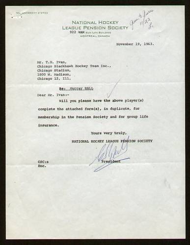 Clarence Campbell signed National Hockey League Letter