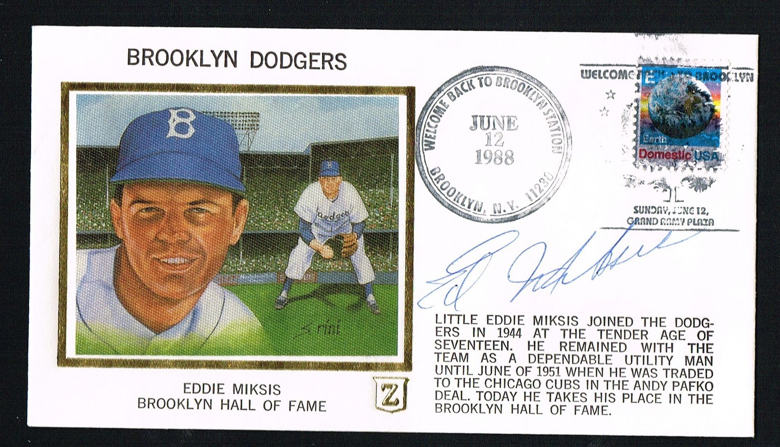 Eddie Miksis (d. 2005) signed autograph auto Postal Cover Brooklyn Dodger Player