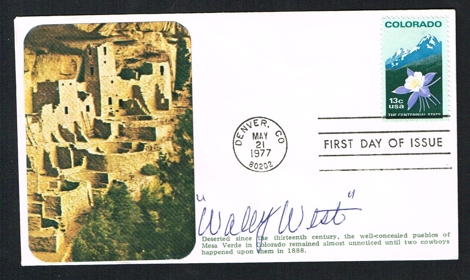 Wally West (d. 1984) signed autograph First Day Postal Cover FDC Cowboy Actor