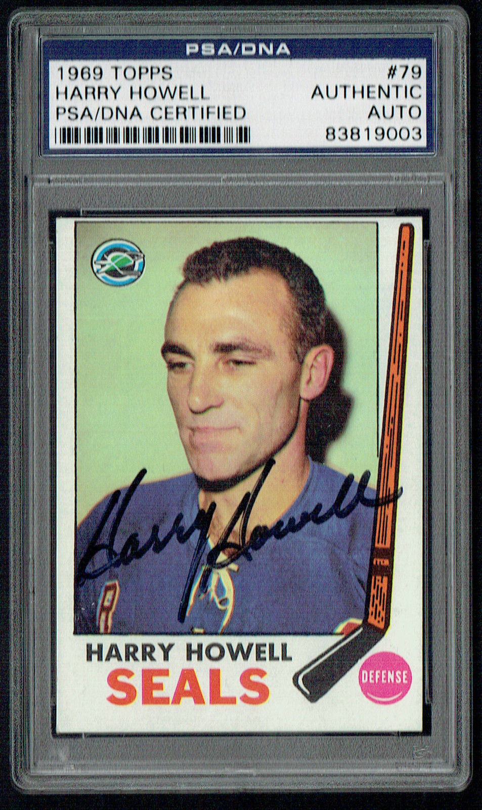 Harry Howell #79 signed autograph auto 1969 Topps Hockey Card PSA Slabbed