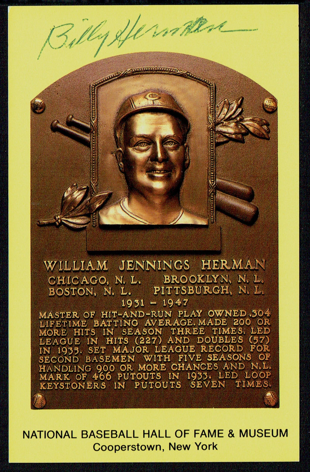 William Billy Herman signed autograph Baseball Hall of Fame Gold Plaque Postcard