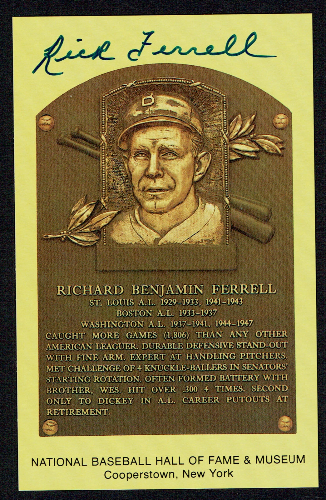 Richard Rick Ferrell signed autograph Baseball Hall of Fame Gold Plaque Postcard