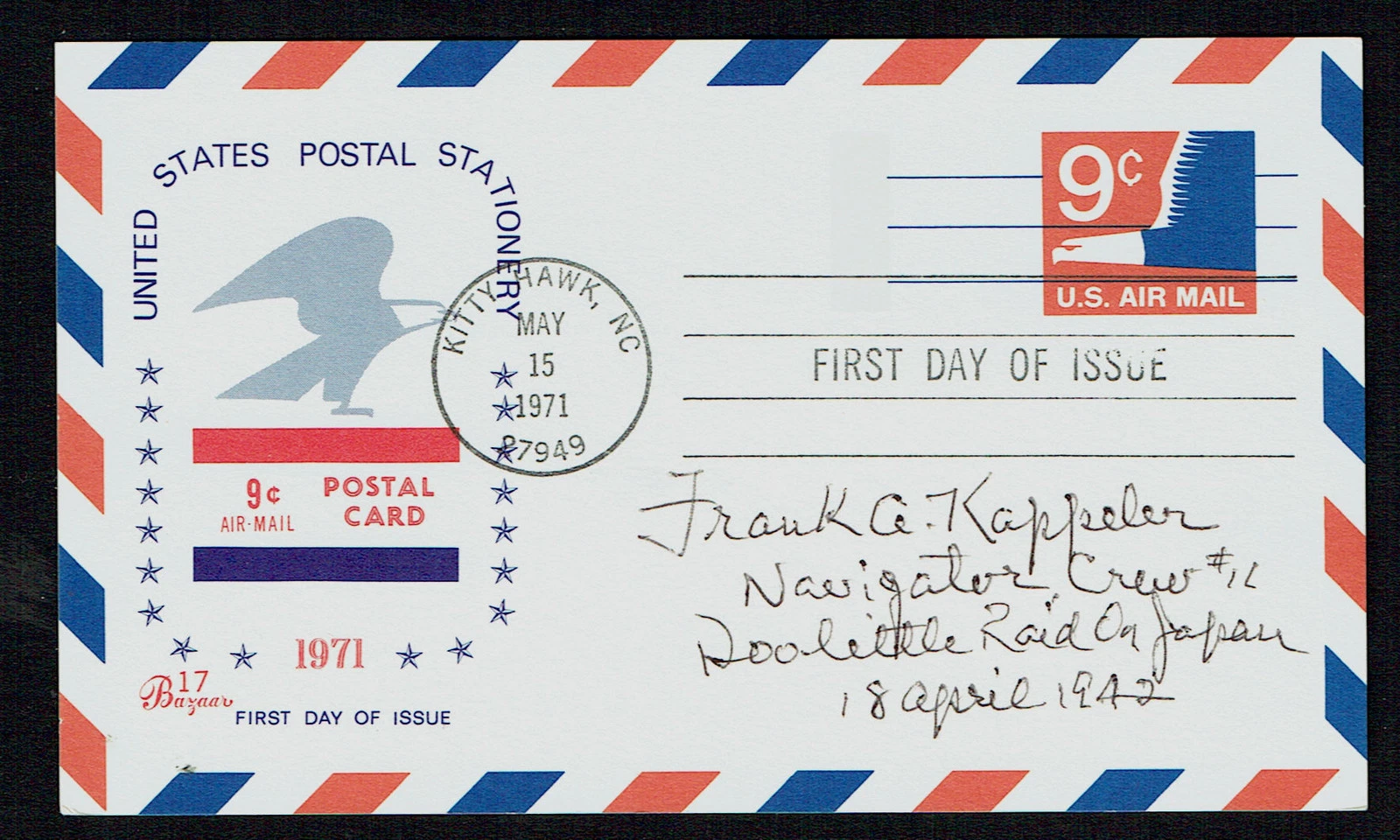 Frank Kappeler (d. 2010) signed autograph Postcard Doolittle Raider Crew #11