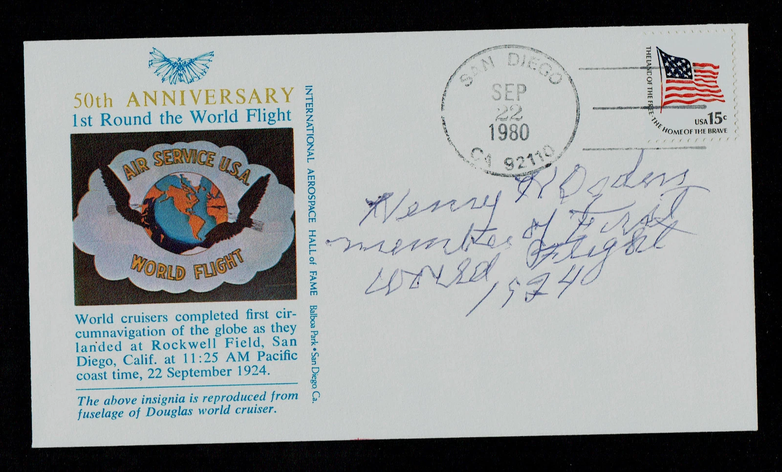 Henry Ogden signed autograph Postal Cover Member of First World Flight in 1924
