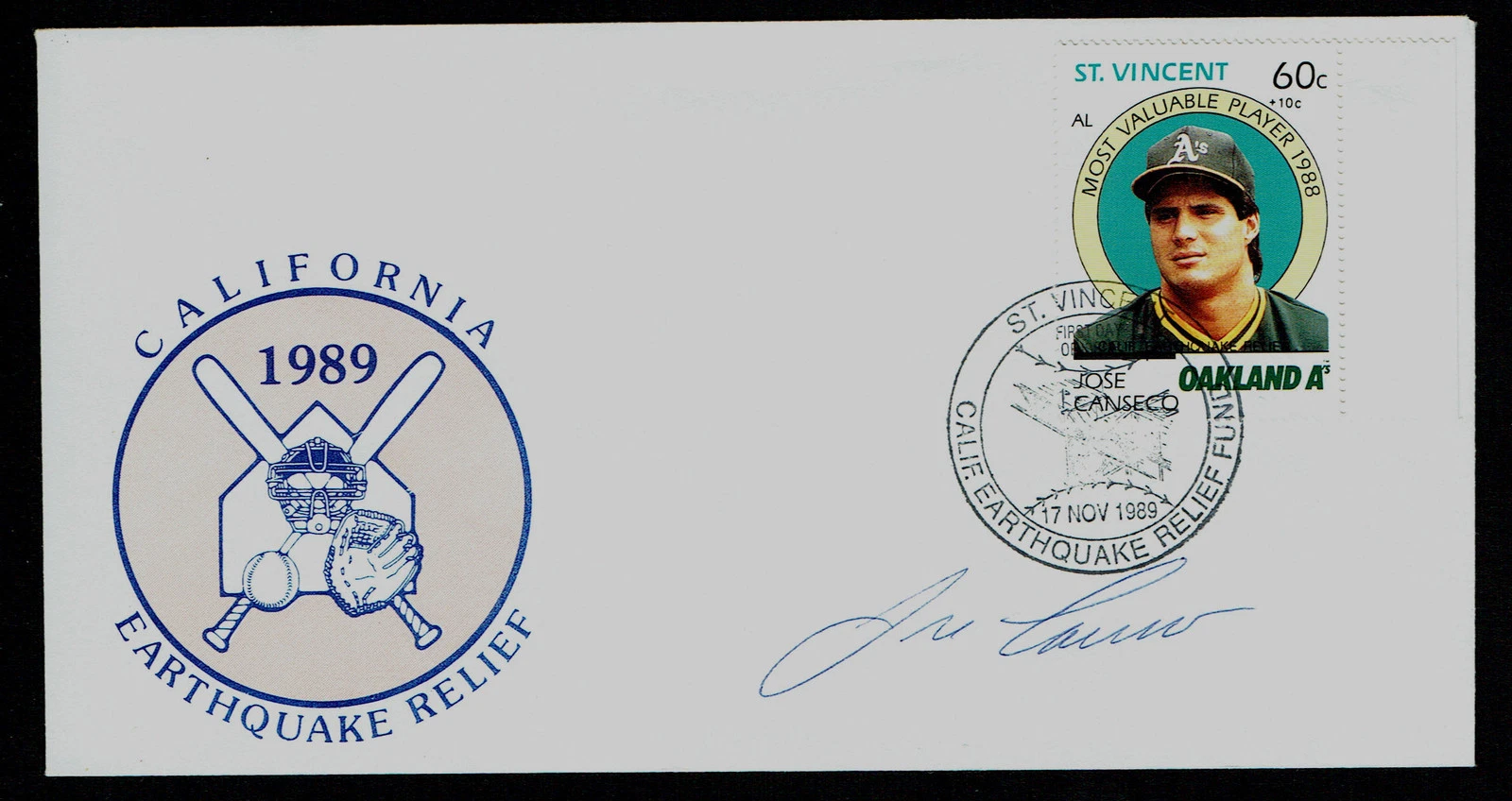 Jose Canseco signed autograph 1989 California Earthquake Relief St Vincent Cover