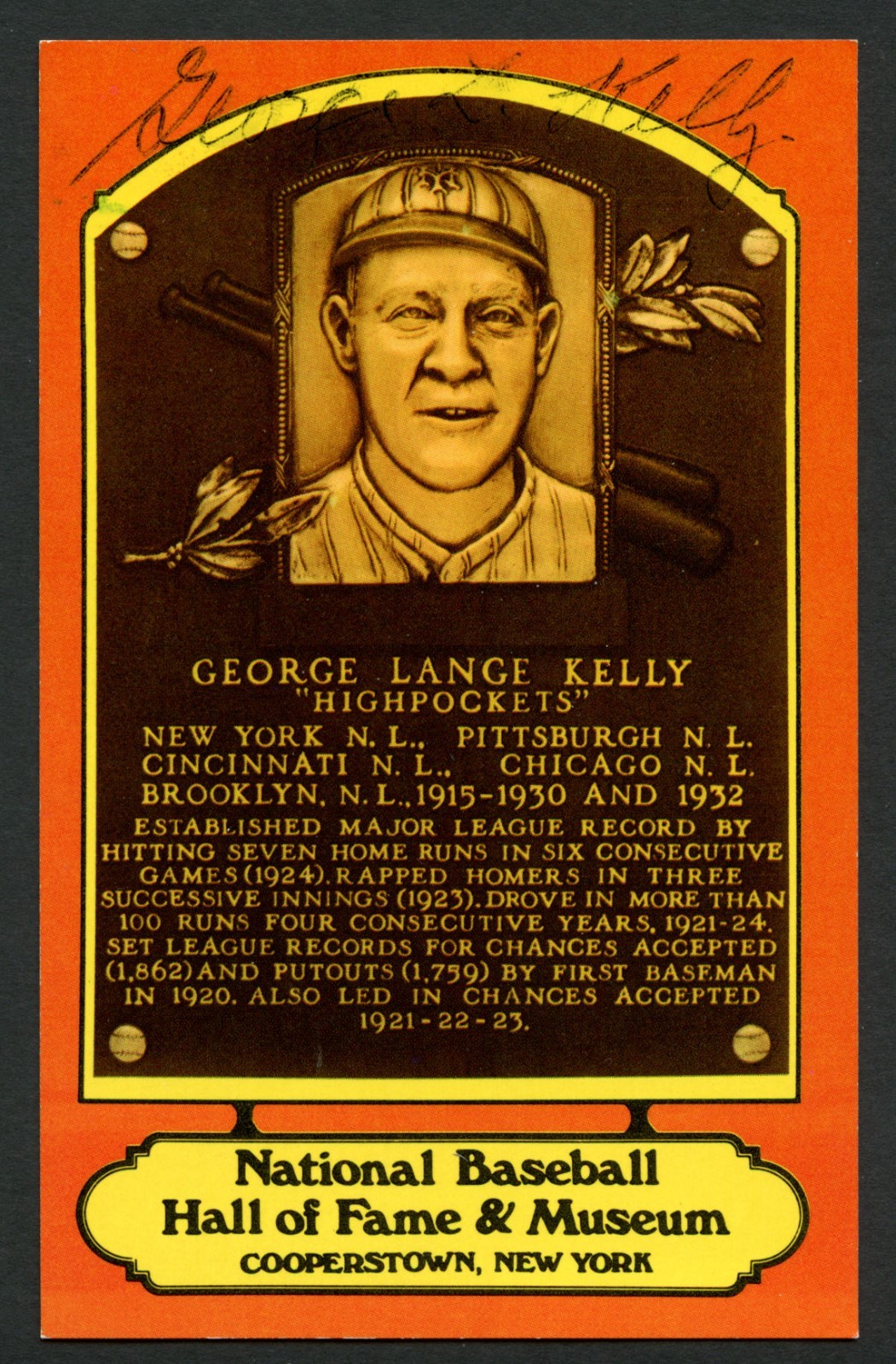 George Kelly d. 1984 signed autograph auto Baseball Hall of Fame Plaque Postcard